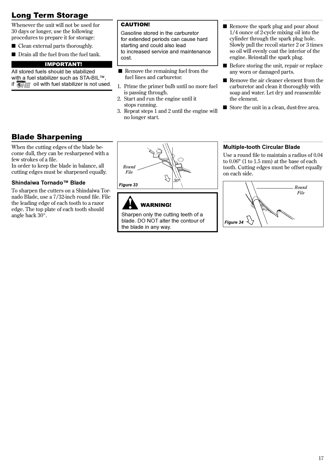 Shindaiwa 81188, C3410 manual Long Term Storage, Blade Sharpening, Shindaiwa Tornado Blade, Multiple-tooth Circular Blade 