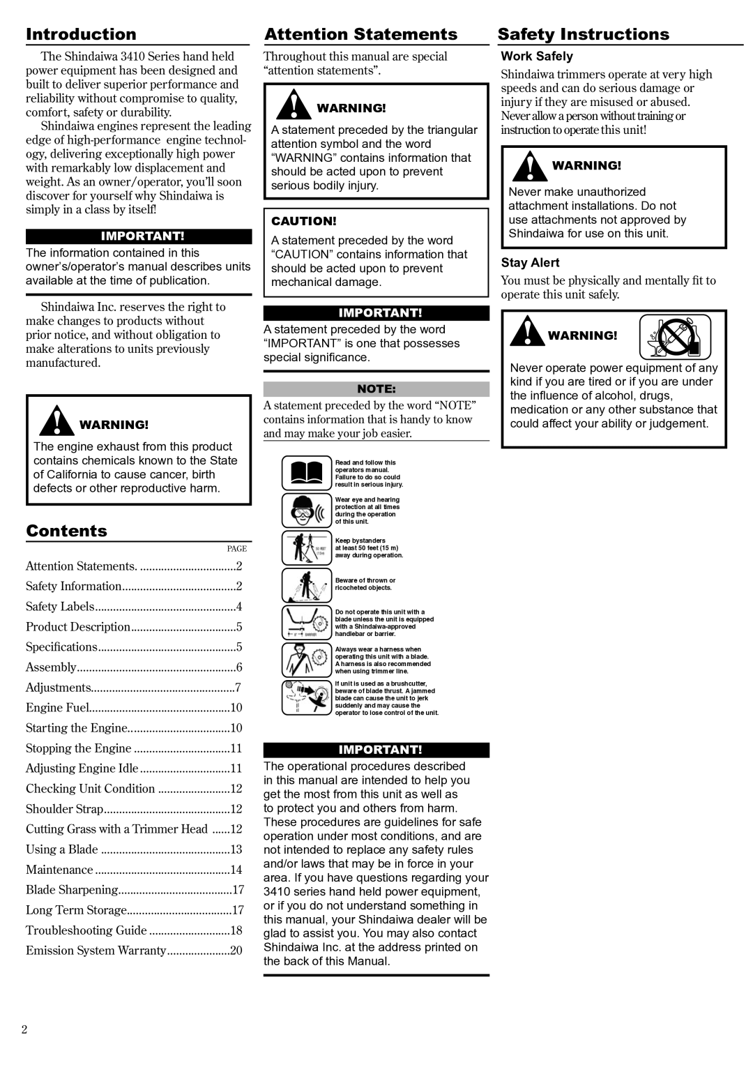 Shindaiwa C3410, 81188 manual Introduction, Contents, Safety Instructions 