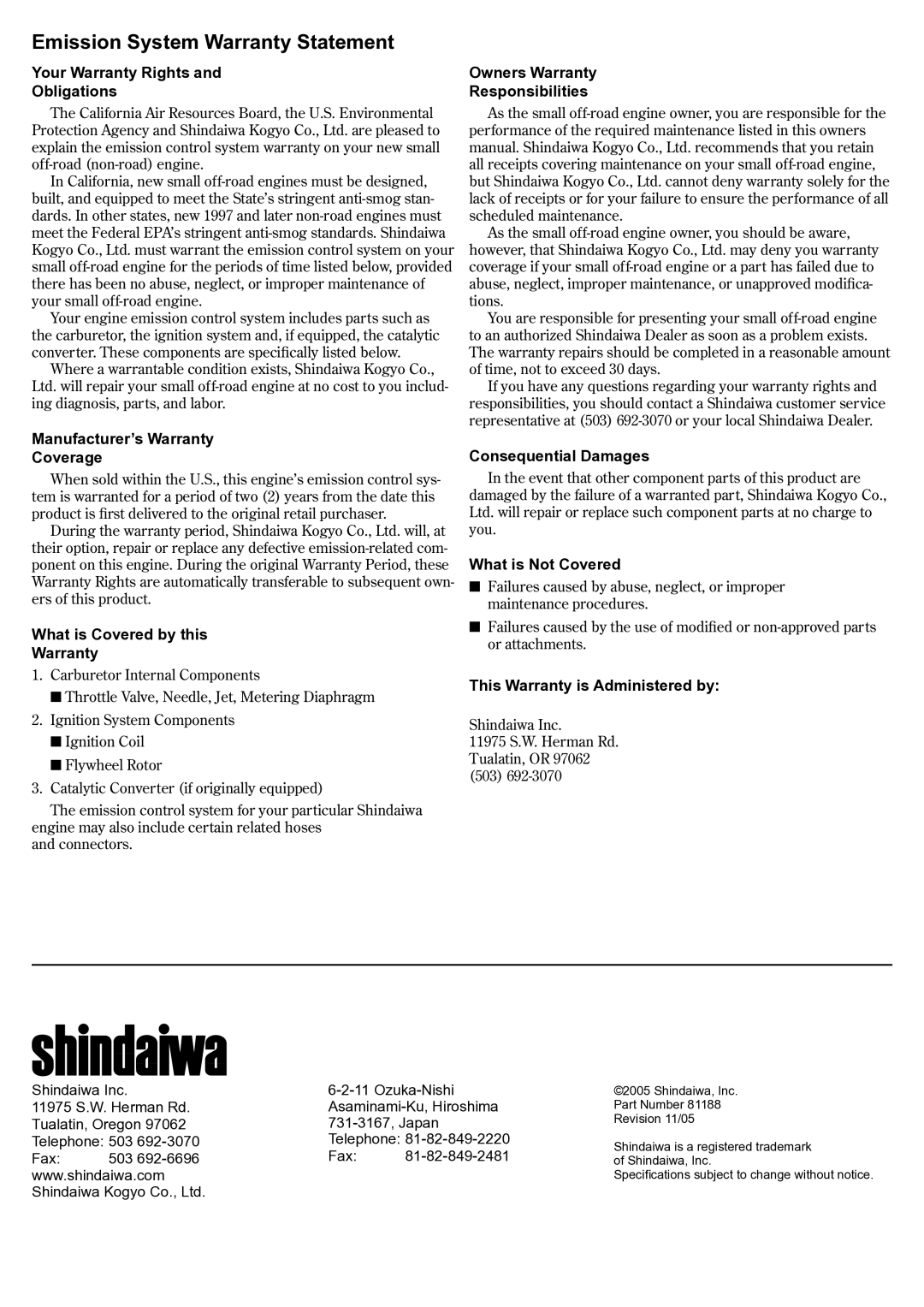 Shindaiwa C3410, 81188 manual Emission System Warranty Statement 