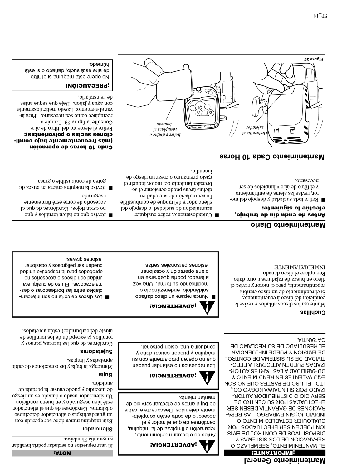 Shindaiwa 81188, C3410 manual Horas 10 Cada Mantenimiento, Diario Mantenimiento, General Mantenimiento 