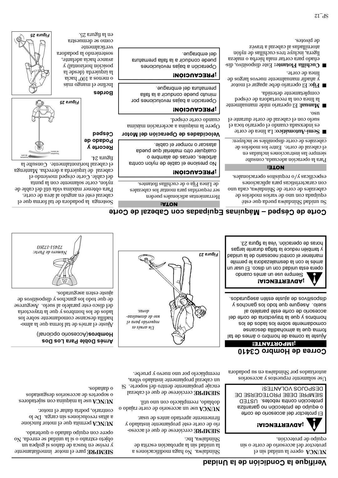 Shindaiwa 81188, C3410 manual Corte de Cabezal con Equipadas Máquinas Césped de Corte, Unidad la de Condición la Veriﬁque 