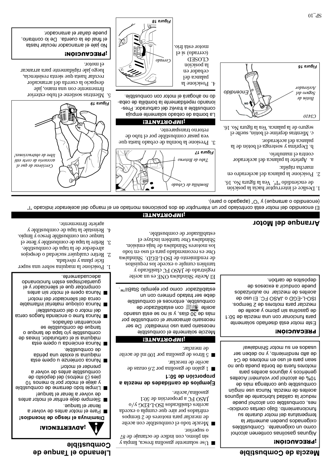 Shindaiwa 81188, C3410 manual De Tanque el Llenando, Motor del Arranque, Combustible de Mezcla 