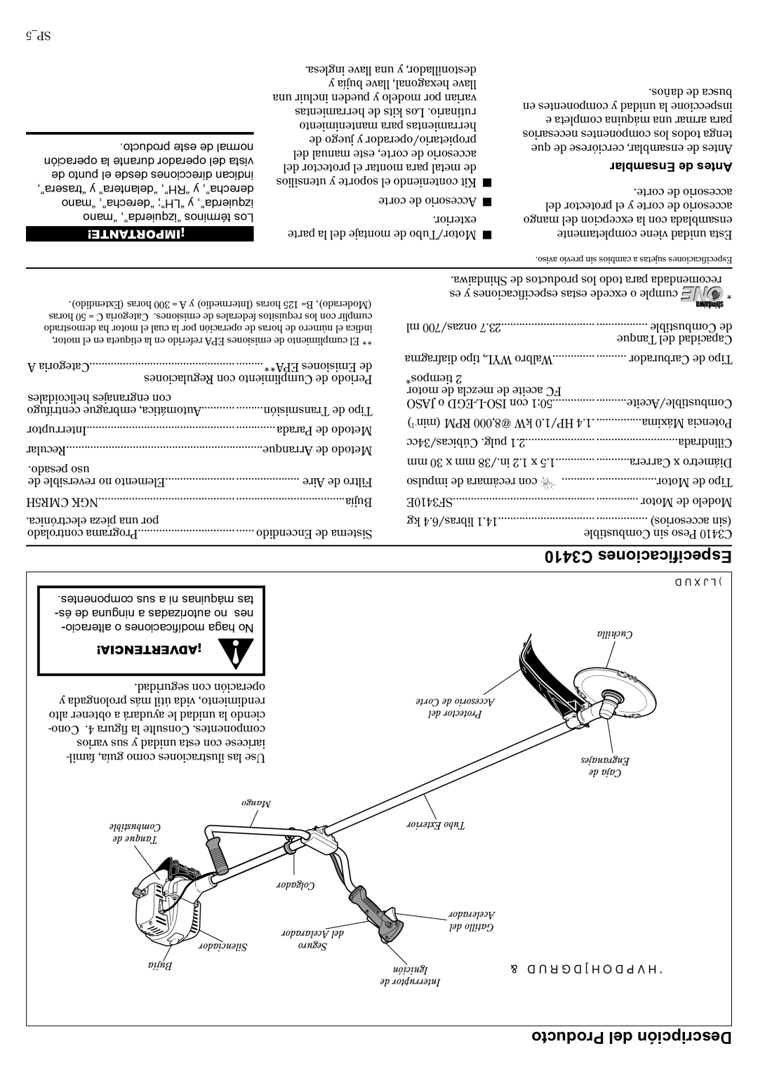 Shindaiwa 81188 manual C3410 Especiﬁcaciones, Producto del Descripción, Ensamblar de Antes 