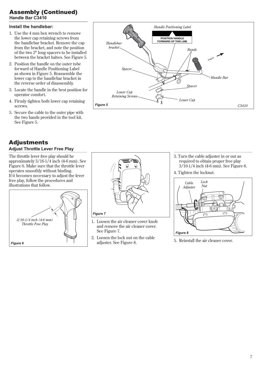 Shindaiwa 81188 manual Adjustments, Handle Bar C3410 Install the handlebar, Adjust Throttle Lever Free Play 