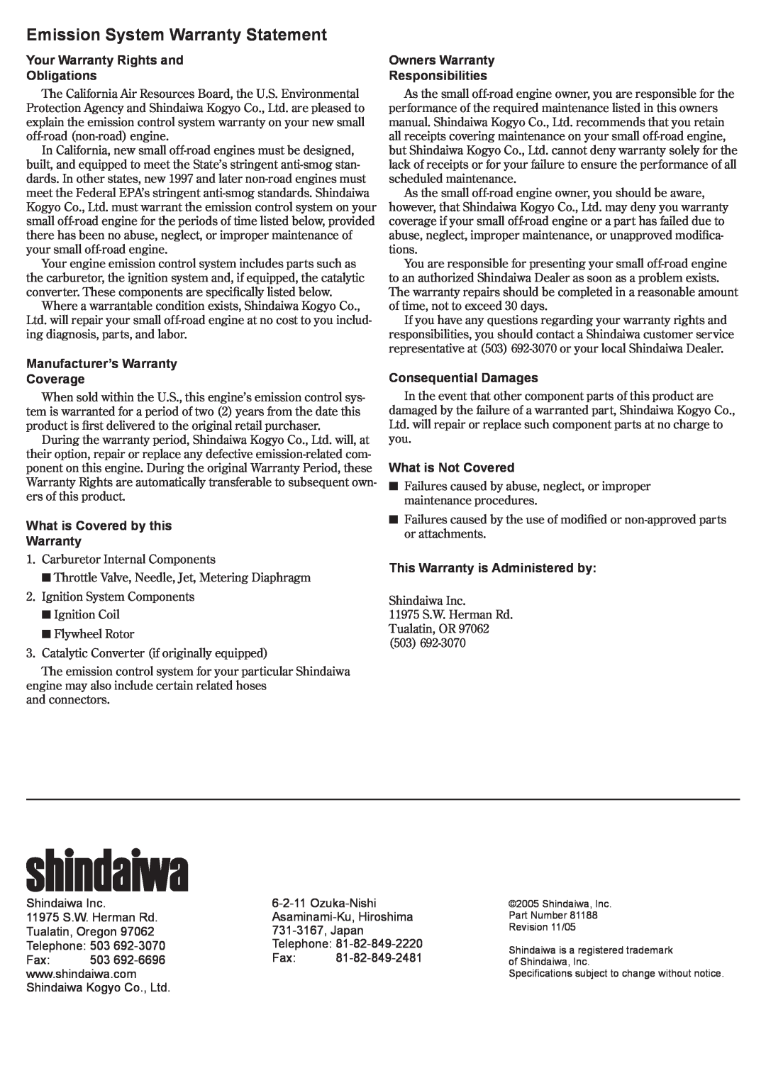 Shindaiwa C3410 Emission System Warranty Statement, Your Warranty Rights and Obligations, Manufacturer’s Warranty Coverage 