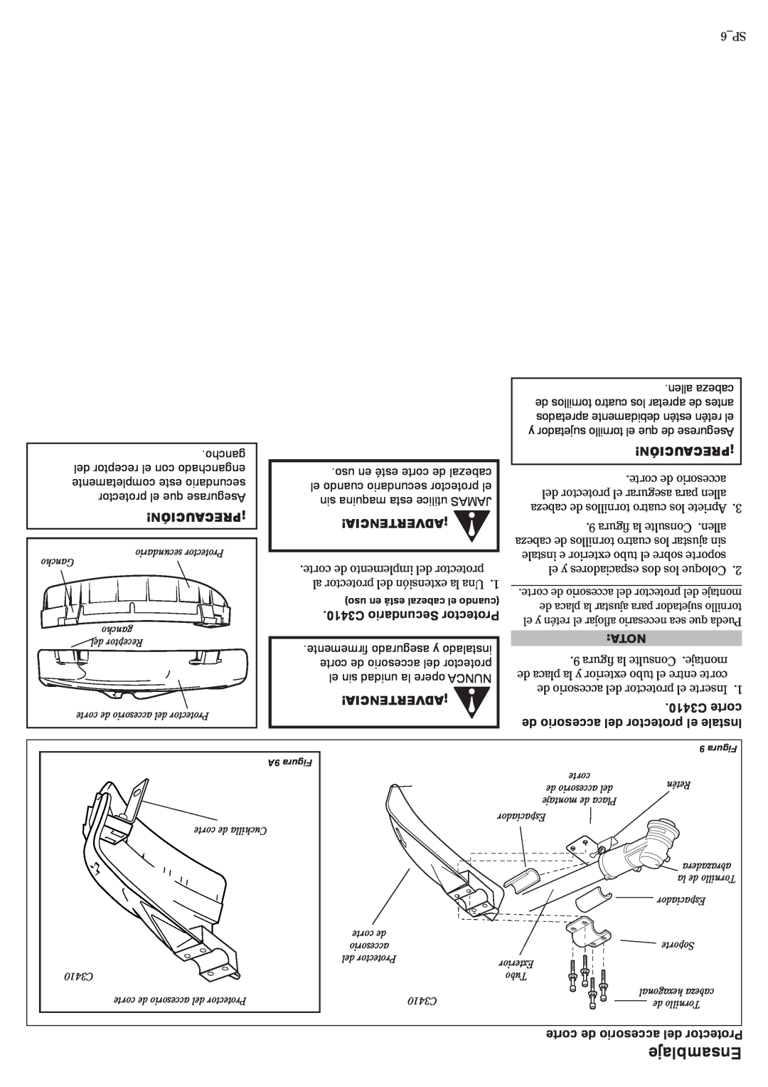 Shindaiwa 81188 manual Ensamblaje, ¡Precaución, ¡Advertencia, C3410 Secundario Protector, C3410 corte 