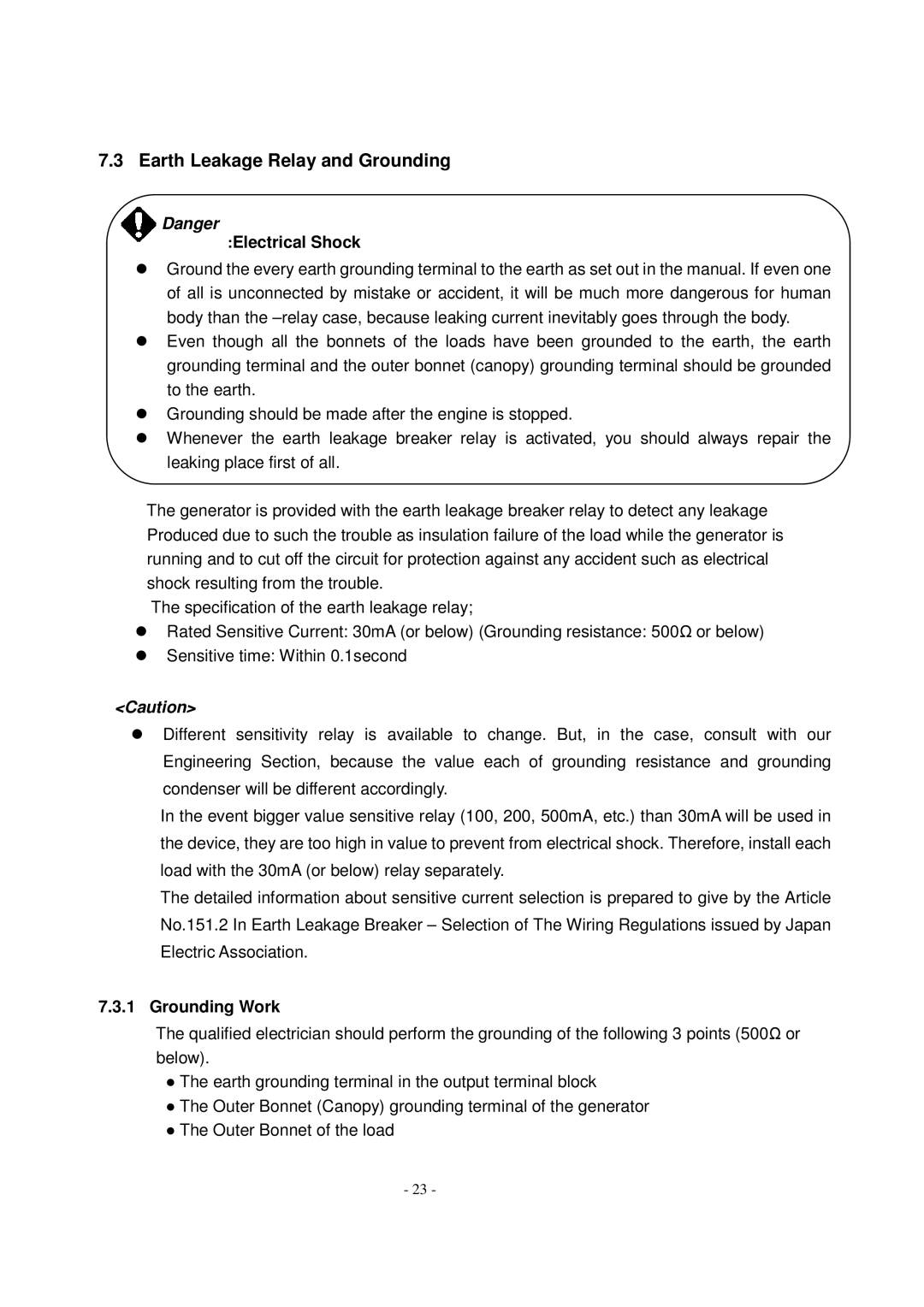 Shindaiwa DG1000MI manual Earth Leakage Relay and Grounding, Grounding Work 
