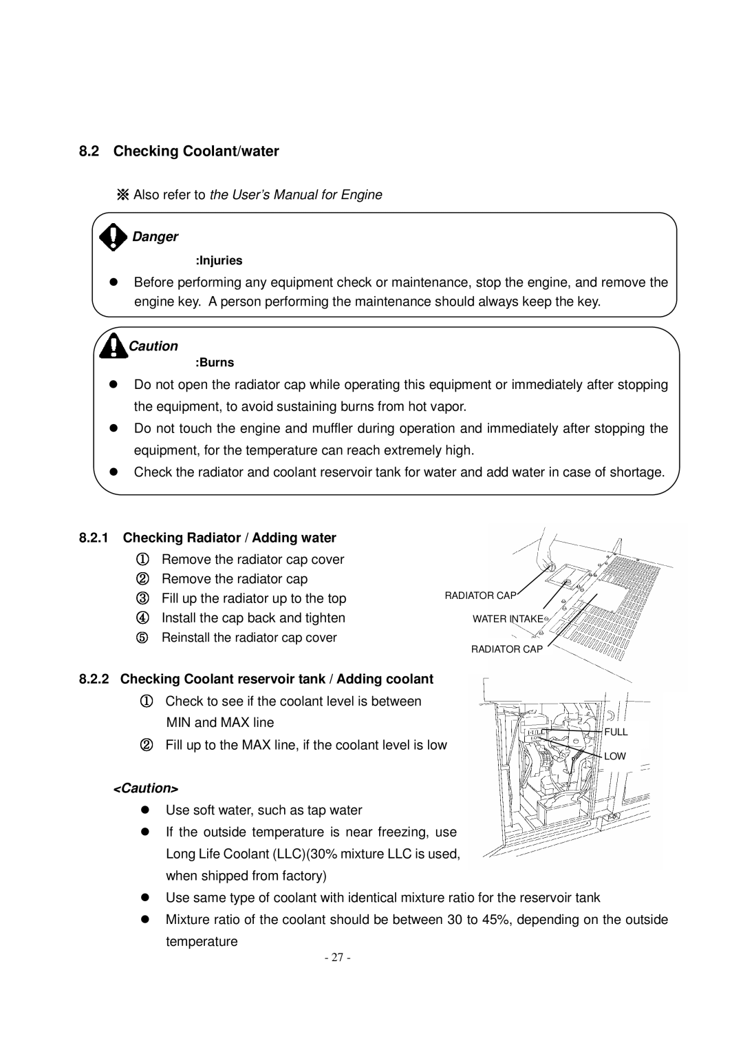 Shindaiwa DG1000MI manual Checking Coolant/water, Checking Radiator / Adding water 