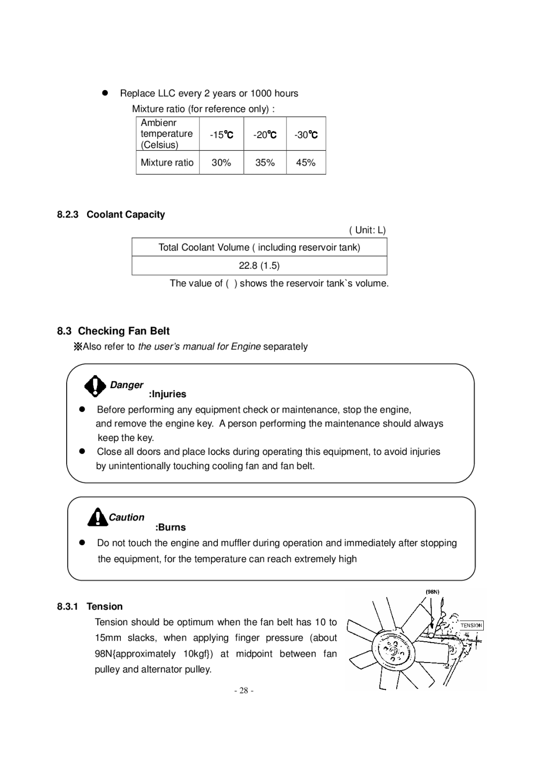 Shindaiwa DG1000MI manual Checking Fan Belt, Coolant Capacity, Tension 