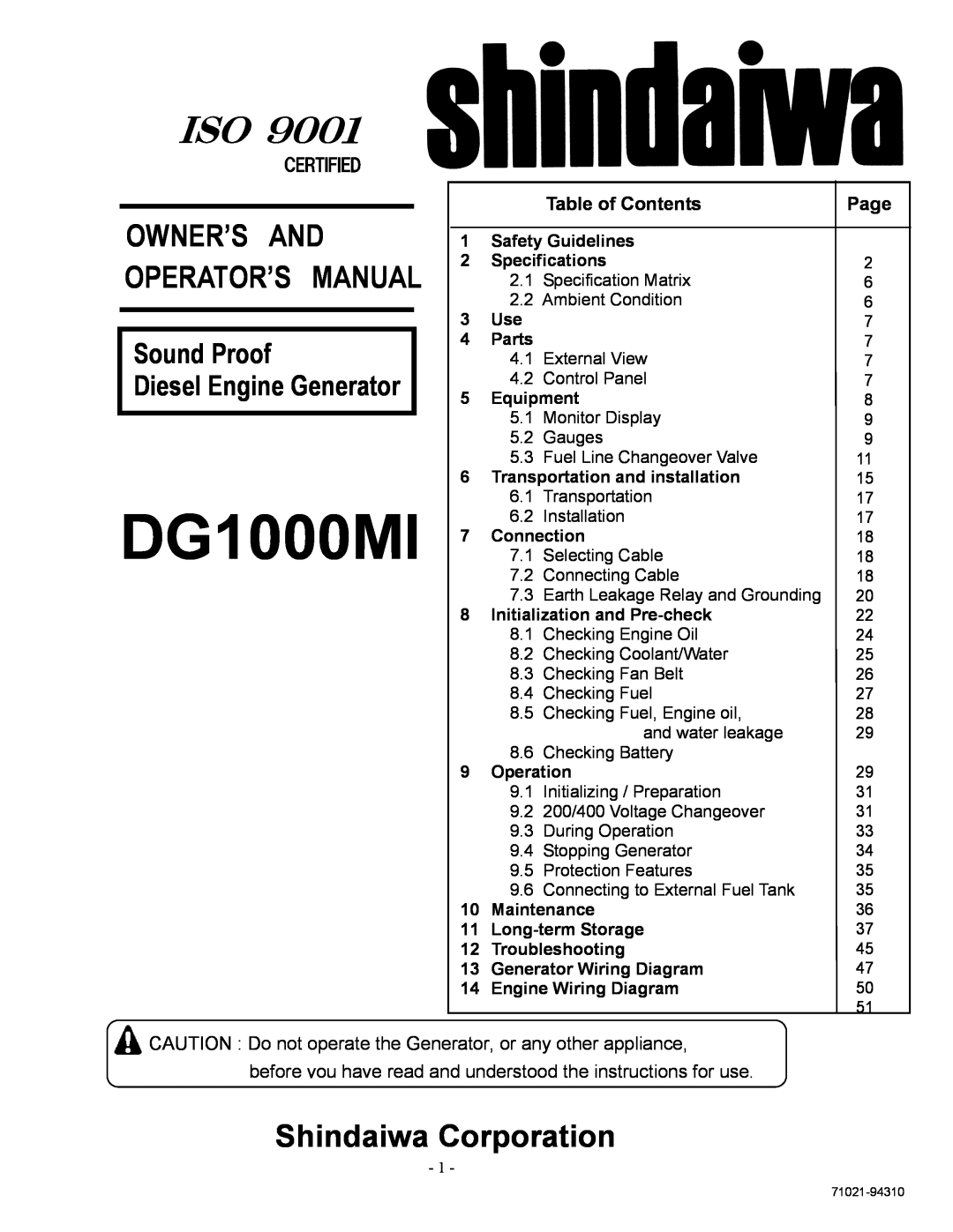 Shindaiwa DG1000MI manual Table of Contents, Page, Shindaiwa Corporation, Sound Proof, Owner’S And Operator’S Manual 