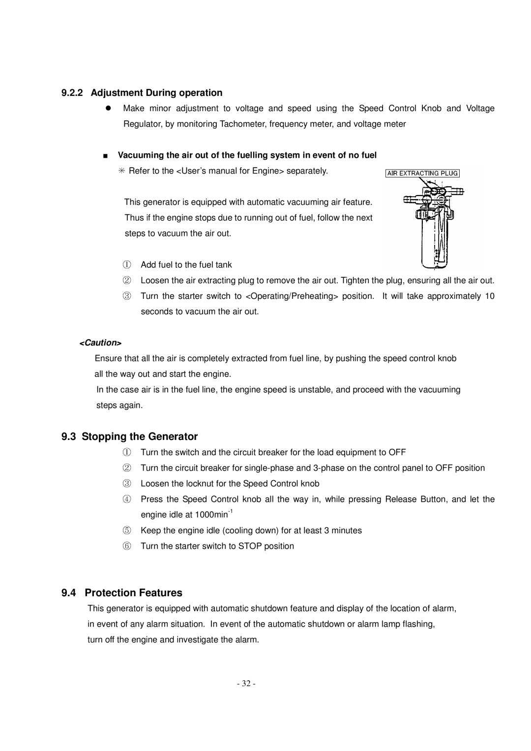 Shindaiwa DG150MI, DG250MI specifications Stopping the Generator Protection⑥ Features, Adjustment During operation 