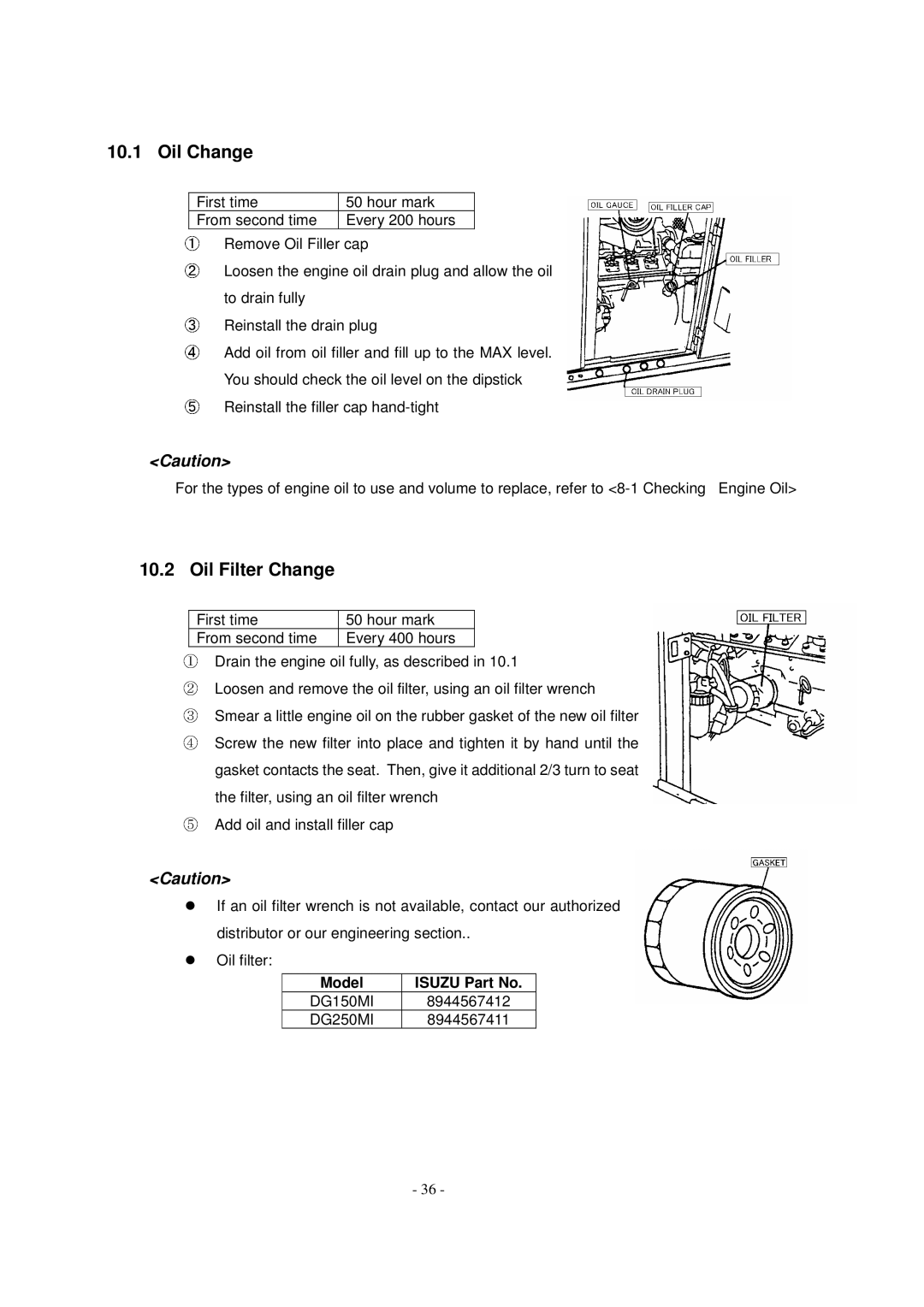 Shindaiwa DG150MI, DG250MI specifications Oil Change, Oil Filter Change, Model Isuzu Part No 