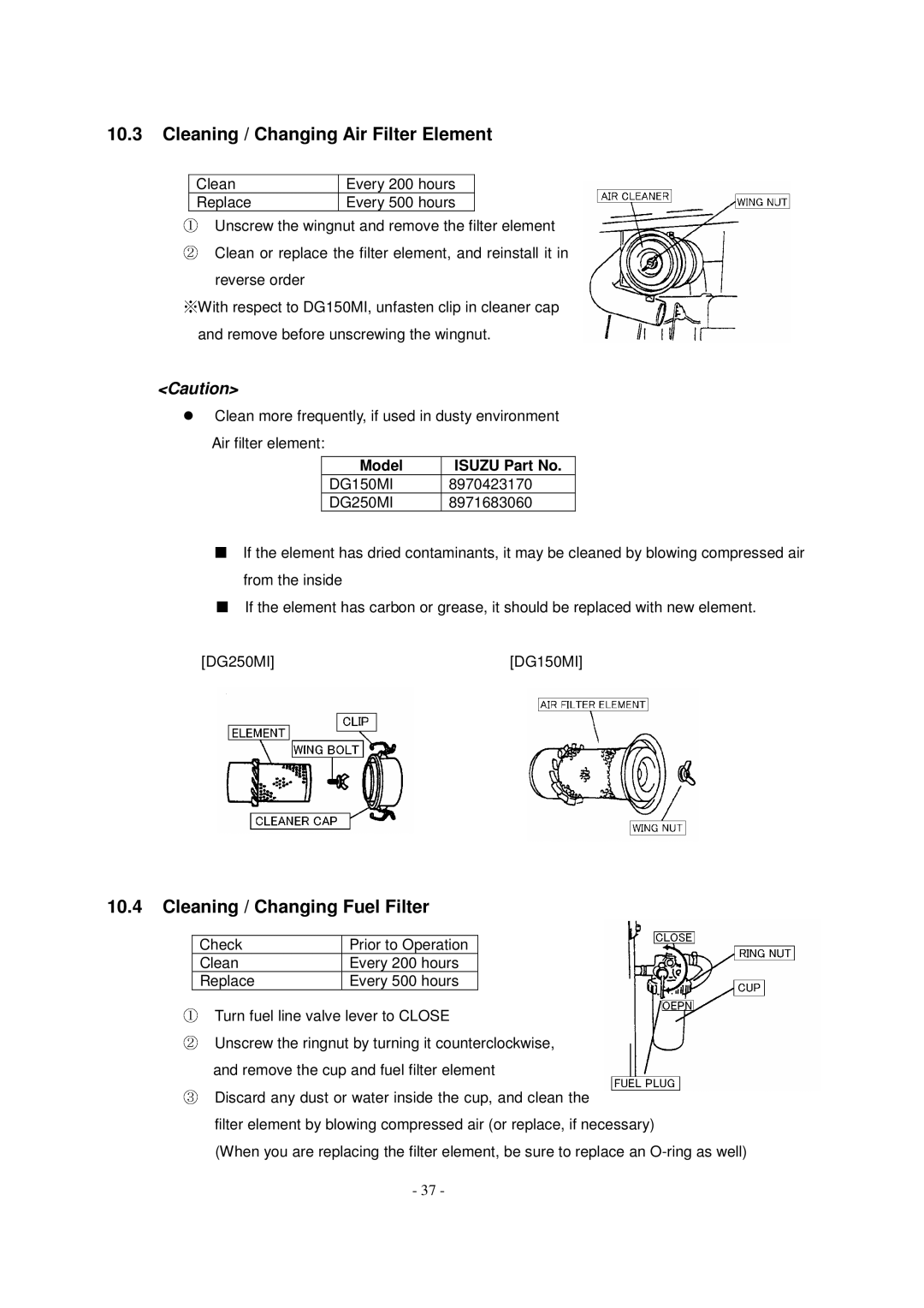 Shindaiwa DG250MI, DG150MI specifications Cleaning / Changing Air Filter Element, Cleaning / Changing Fuel Filter 