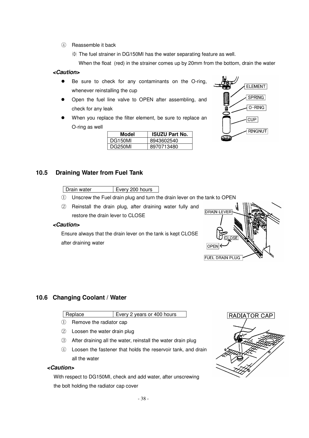 Shindaiwa DG150MI, DG250MI specifications Draining Water from Fuel Tank, Changing Coolant / Water, Model 