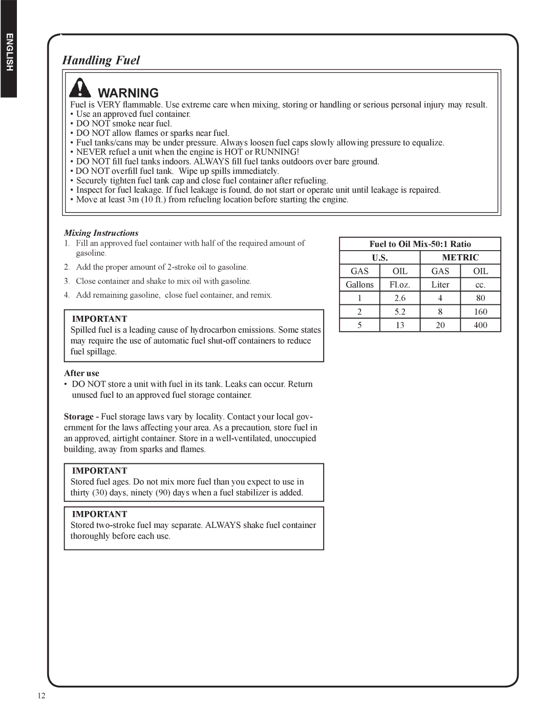 Shindaiwa DH212, 82053 manual Handling Fuel, After use, Fuel to Oil Mix-501 Ratio, Metric 