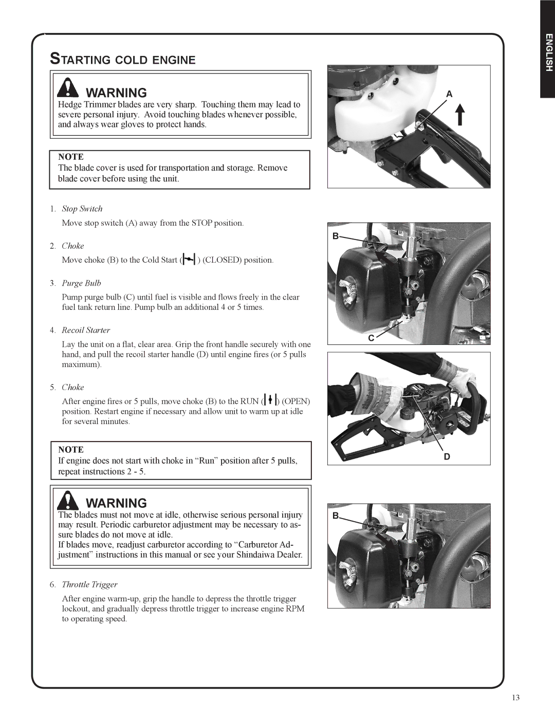 Shindaiwa 82053, DH212 manual Starting cold engine, Purge Bulb 