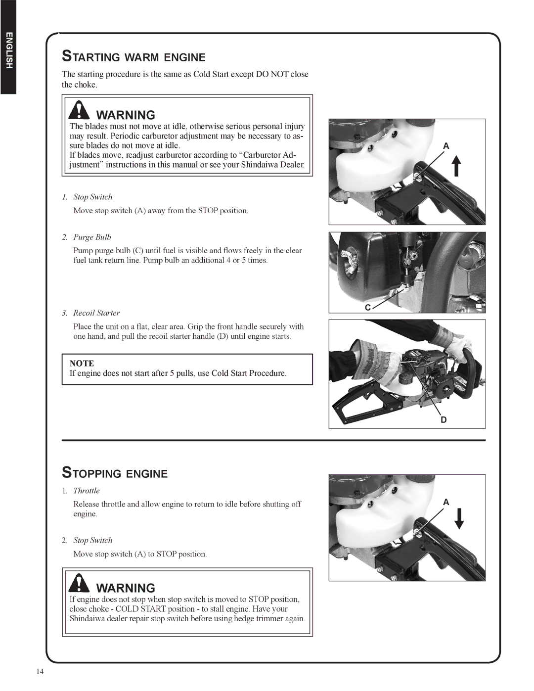 Shindaiwa DH212, 82053 manual Starting warm engine, Stopping engine 