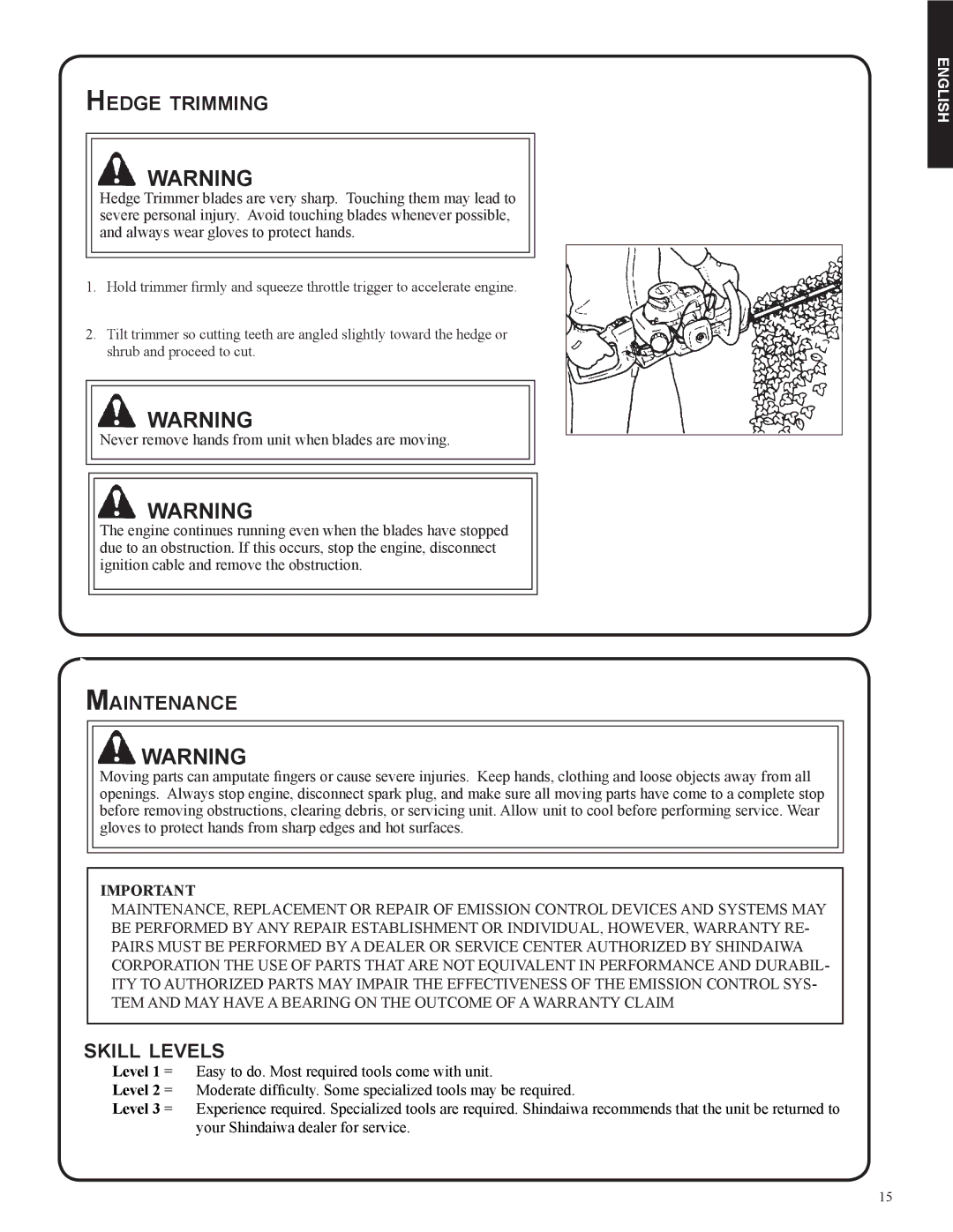 Shindaiwa 82053, DH212 manual Hedge trimming, Maintenance, Skill levels 