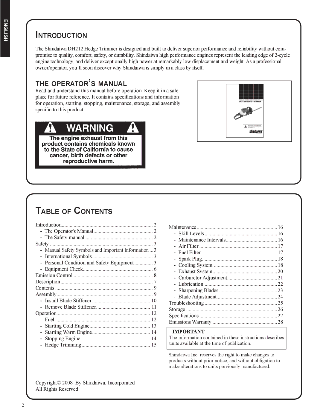 Shindaiwa DH212, 82053 Introduction, Operator’s manual, Table of Contents 