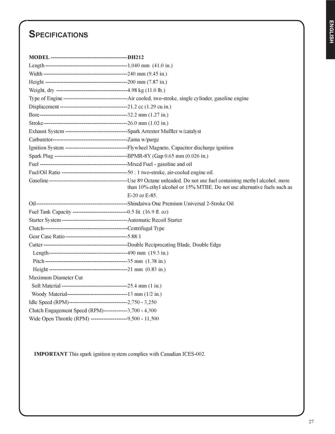 Shindaiwa 82053 manual Specifications, Model DH212 