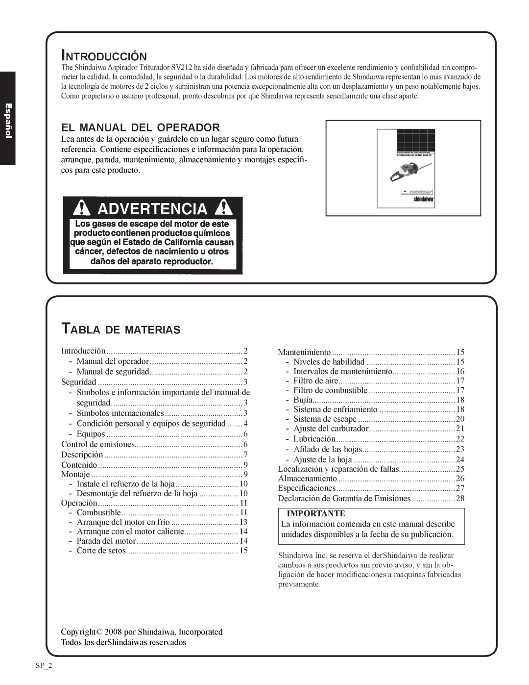 Shindaiwa DH212, 82053 Introducción, El manual del operador, Tabla de materias, Importante 