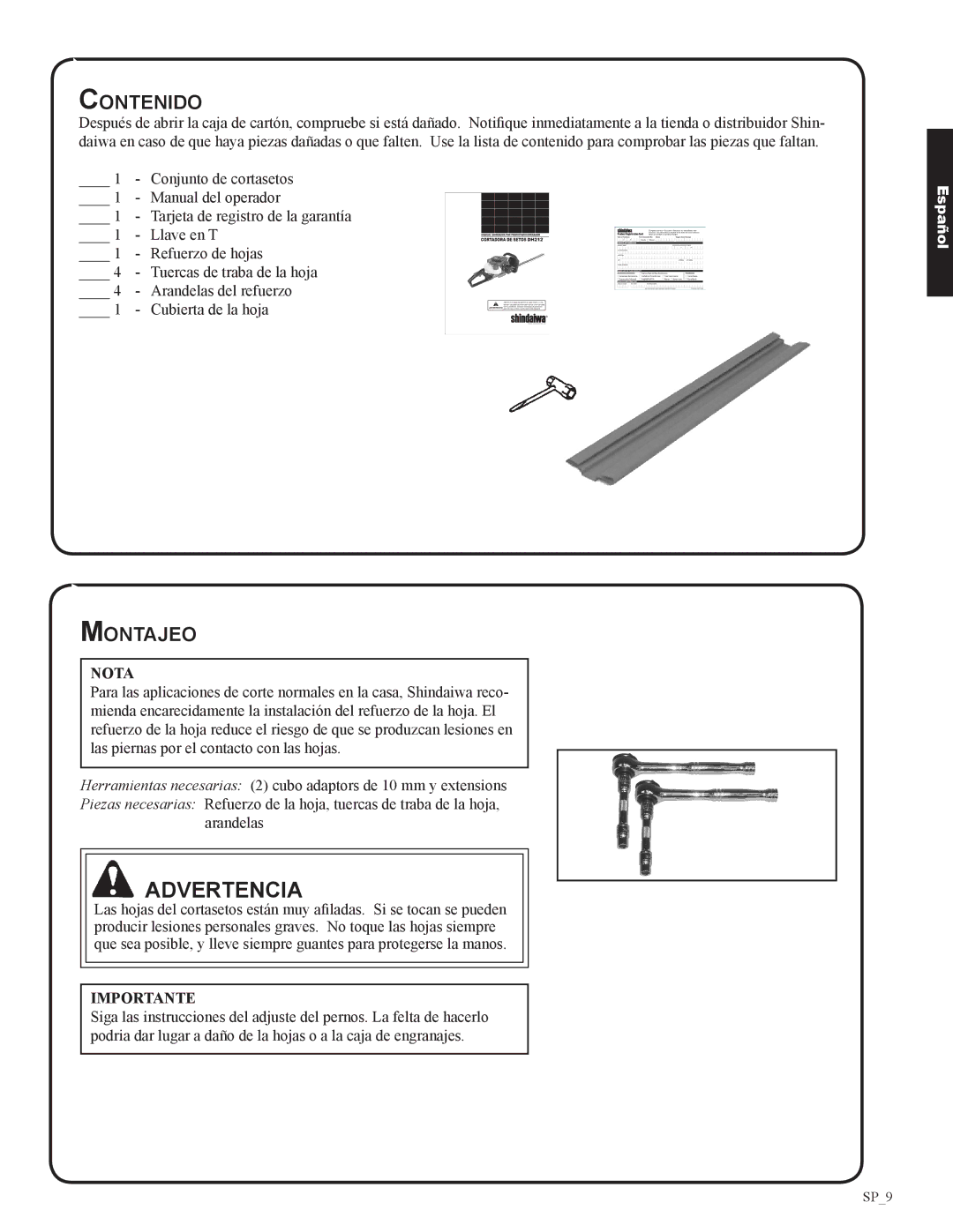 Shindaiwa 82053, DH212 manual Contenido, Montajeo, Nota 