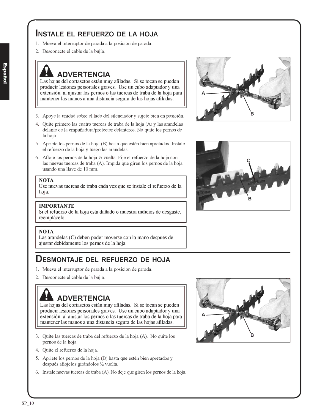 Shindaiwa DH212, 82053 manual Instale el refuerzo de la hoja, Desmontaje del refuerzo de hoja, Nota 