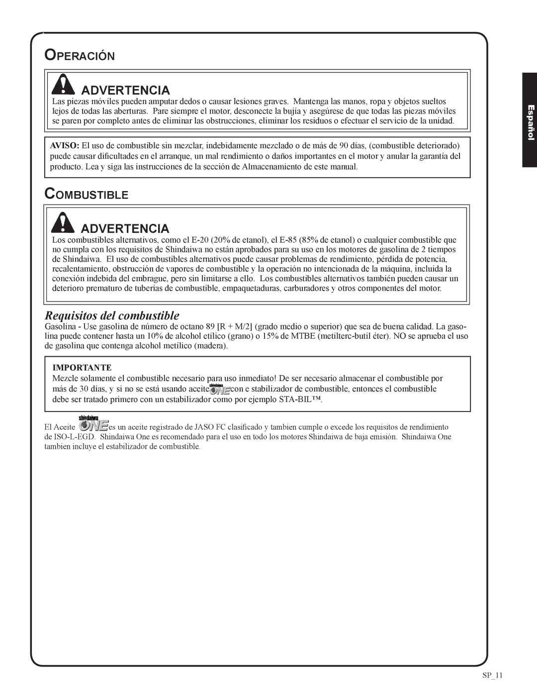 Shindaiwa 82053, DH212 manual Requisitos del combustible, Operación, Combustible 