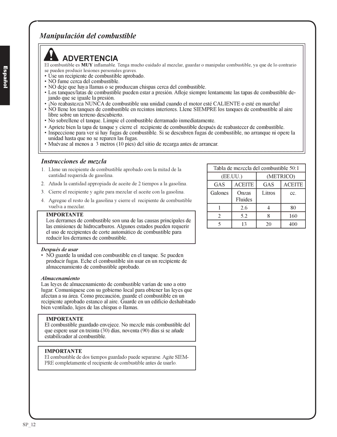 Shindaiwa DH212, 82053 manual Manipulación del combustible, Instrucciones de mezcla 