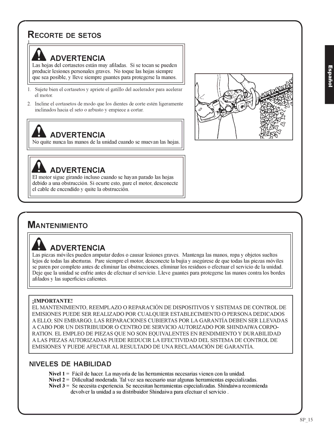 Shindaiwa 82053, DH212 manual Recorte de setos, Mantenimiento, Niveles de habilidad, ¡Importante 