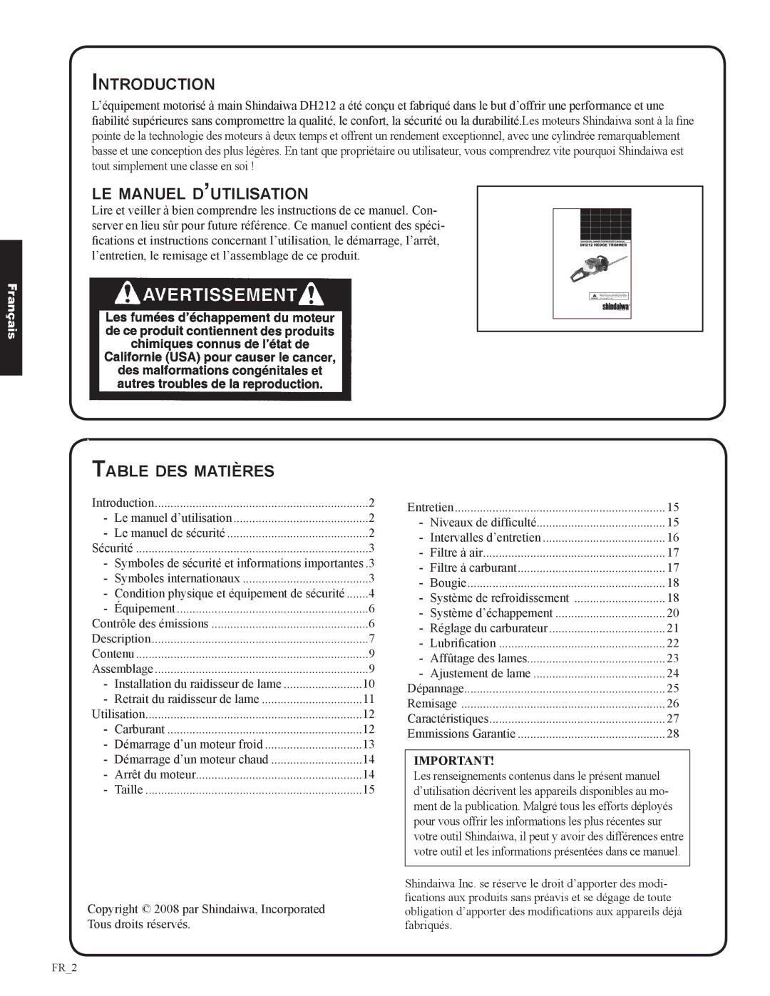 Shindaiwa DH212, 82053 manual Le manuel d’utilisation, Table des matières 