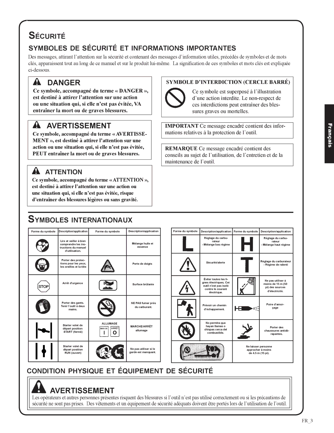 Shindaiwa 82053, DH212 manual Sécurité Symboles de sécurité et informations importantes, Symboles internationaux 