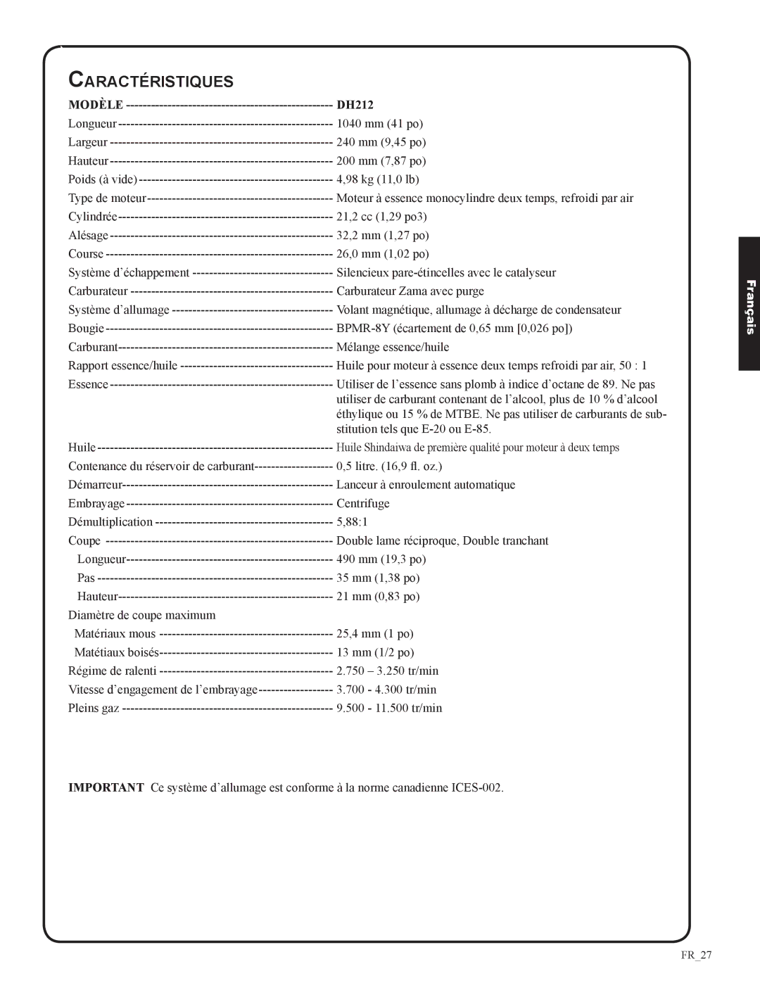 Shindaiwa 82053 manual Caractéristiques, Modèle DH212 