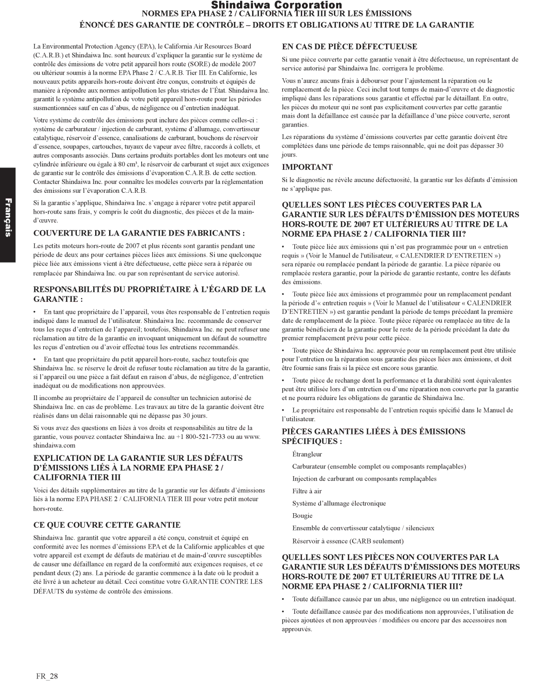 Shindaiwa DH212, 82053 Couverture DE LA Garantie DES Fabricants, Responsabilités DU Propriétaire À L’ÉGARD DE LA Garantie 