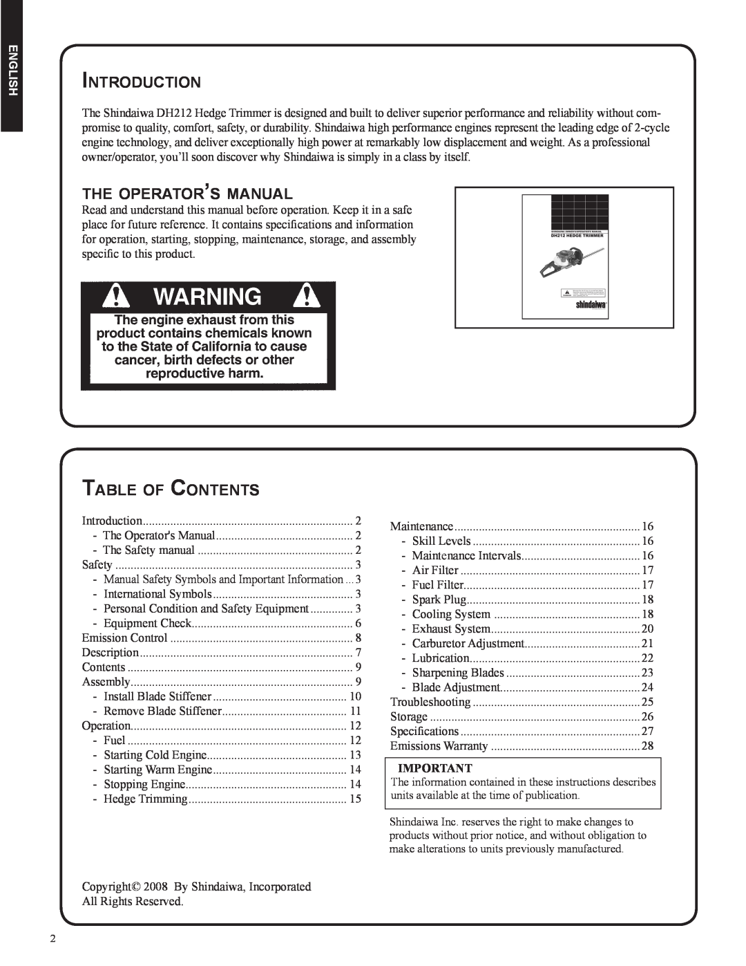 Shindaiwa DH212, 82053 Introduction, the operator’s manual, Table of Contents, English 