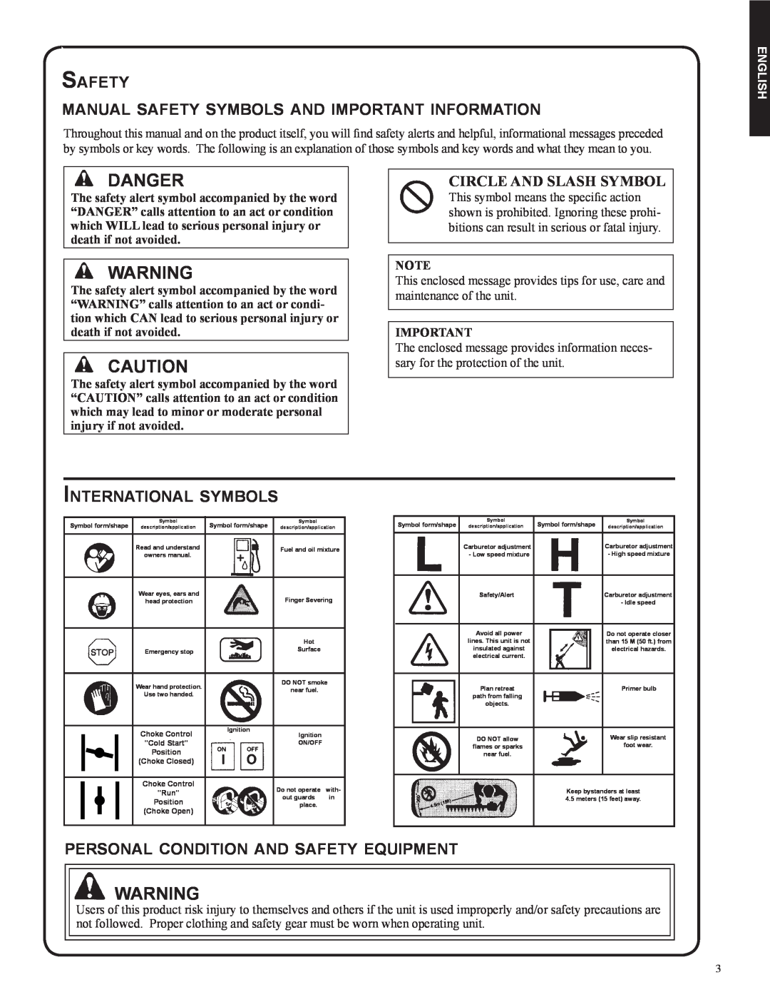 Shindaiwa 82053, DH212 Danger, Safety, manual safety symbols and important information, International symbols, English 