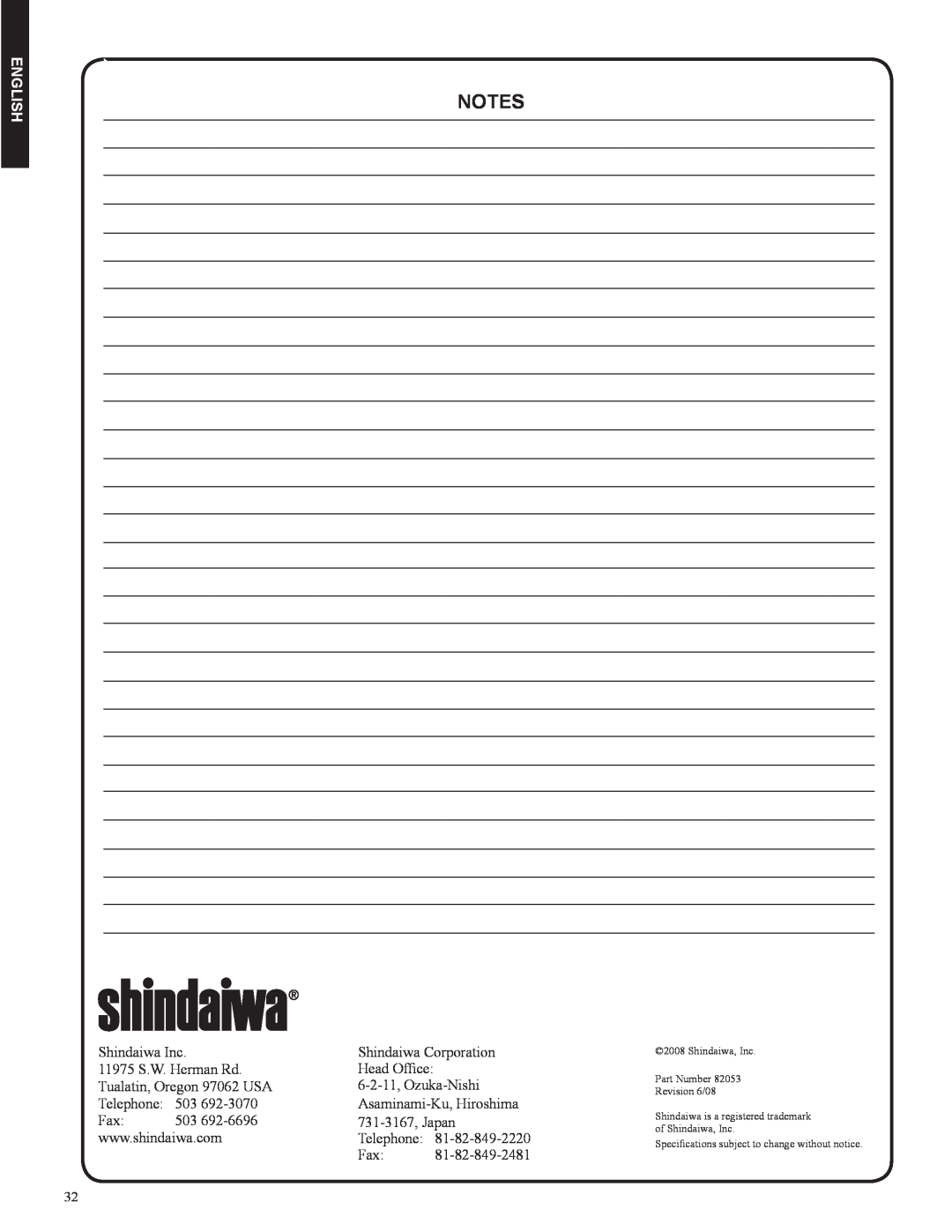 Shindaiwa DH212, 82053 manual notes, English, Shindaiwa Inc 