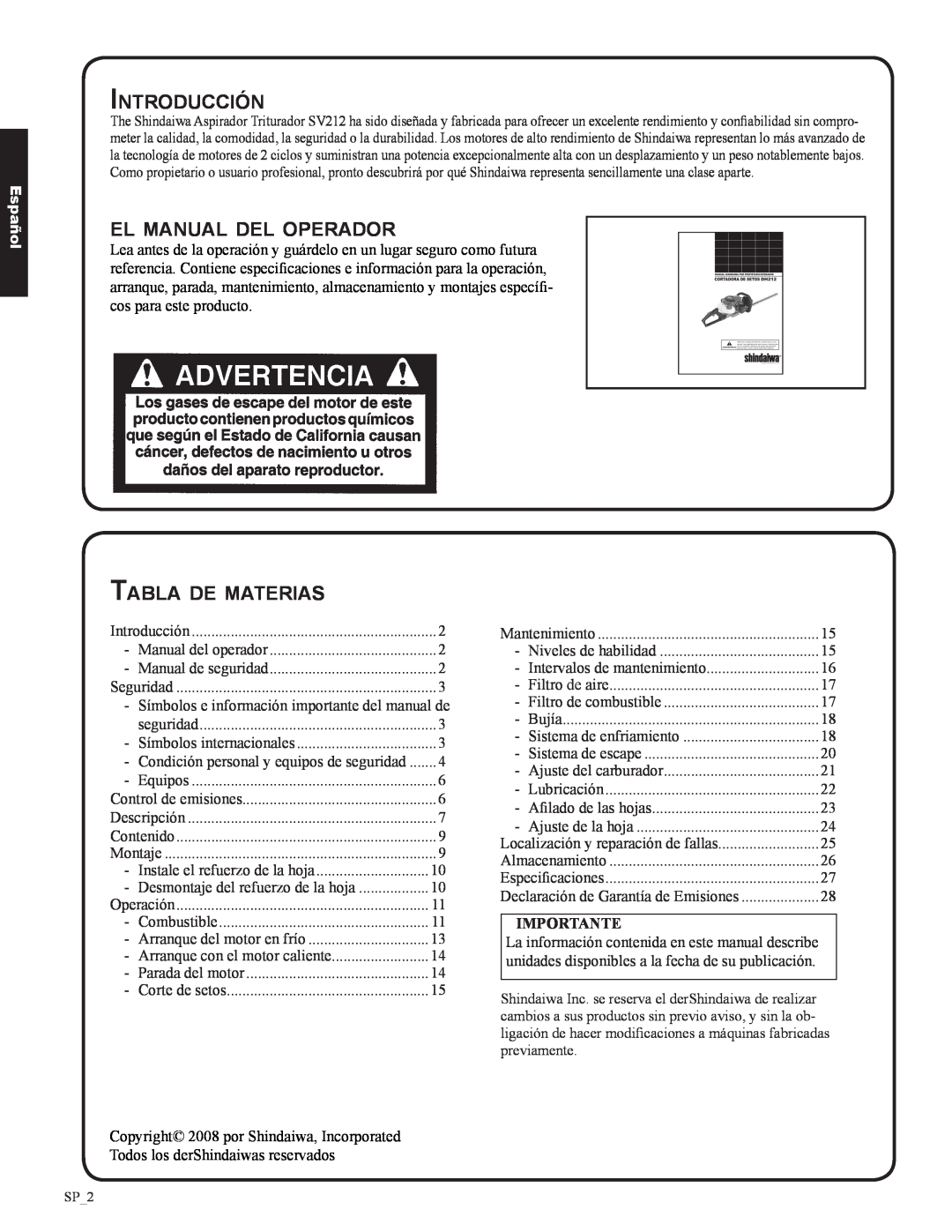Shindaiwa DH212, 82053 Introducción, el manual del operador, Tabla de materias, Español 