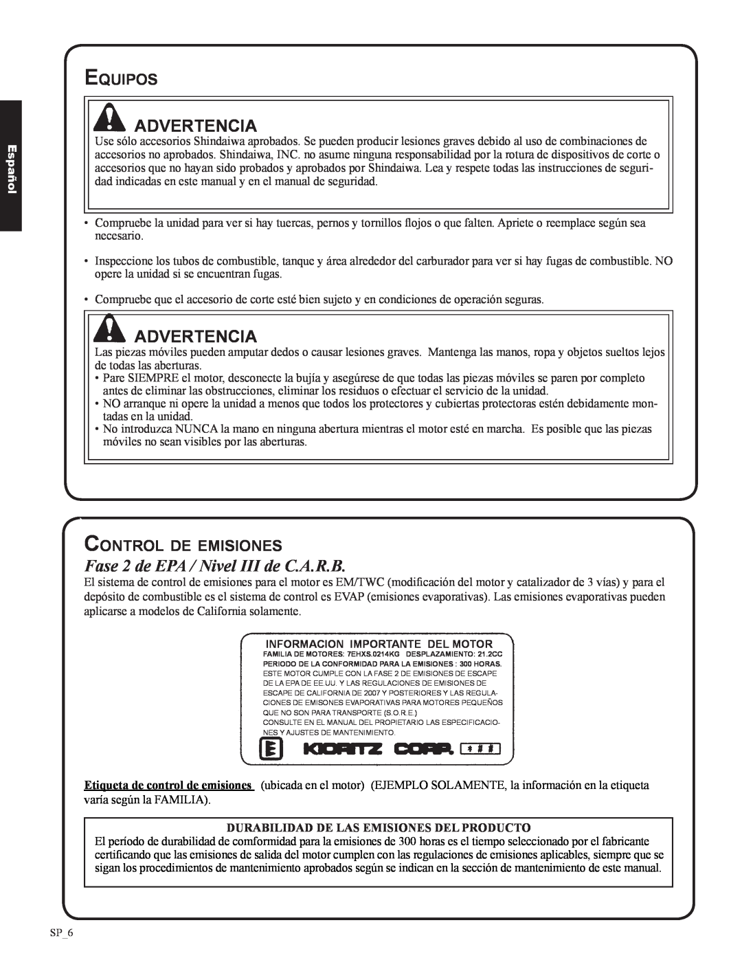 Shindaiwa DH212, 82053 manual Fase 2 de EPA / Nivel III de C.A.R.B, Equipos, Control de emisiones, Advertencia, Español 