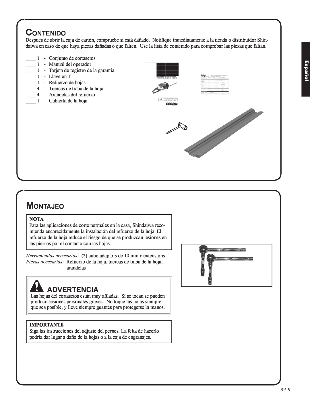 Shindaiwa 82053, DH212 manual Contenido, Montajeo, Advertencia, Nota, Importante, Español 
