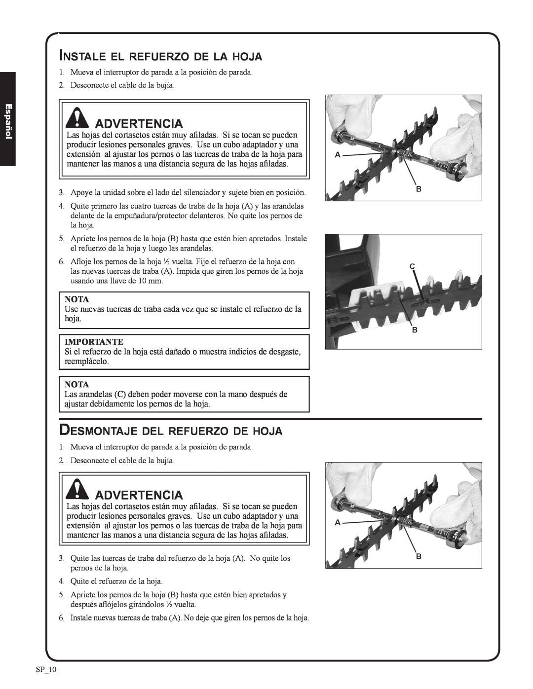 Shindaiwa DH212, 82053 manual Instale el refuerzo de la hoja, Desmontaje del refuerzo de hoja, Advertencia, Español 