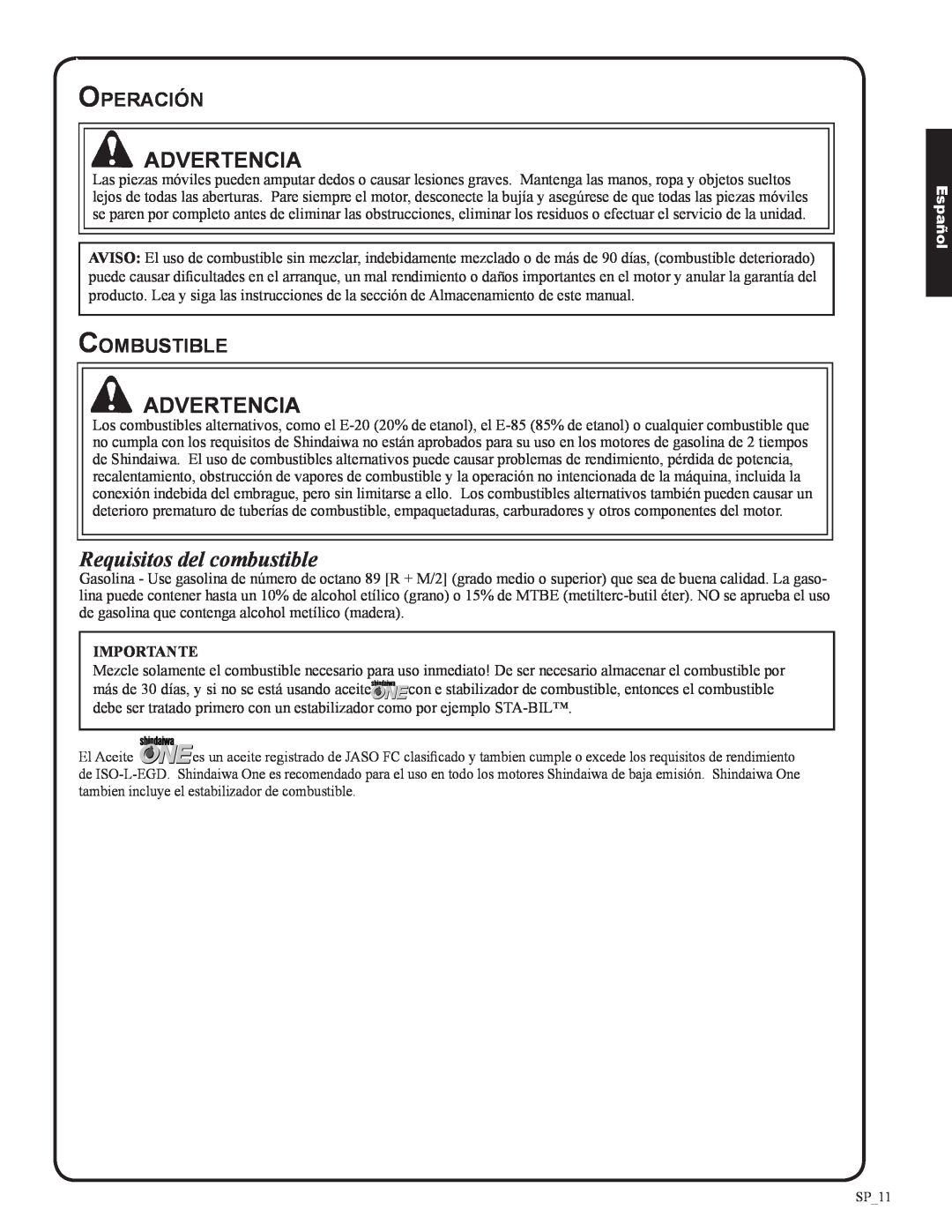 Shindaiwa 82053, DH212 manual Requisitos del combustible, Operación, Combustible, Advertencia, Español 