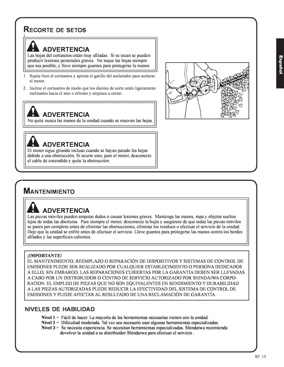Shindaiwa 82053, DH212 manual Recorte de setos, Mantenimiento, niveles de habilidad, Advertencia, Español 