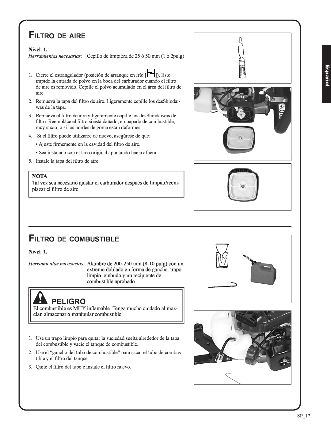 Shindaiwa 82053, DH212 manual Peligro, Filtro de aire, Filtro de combustible, Español 