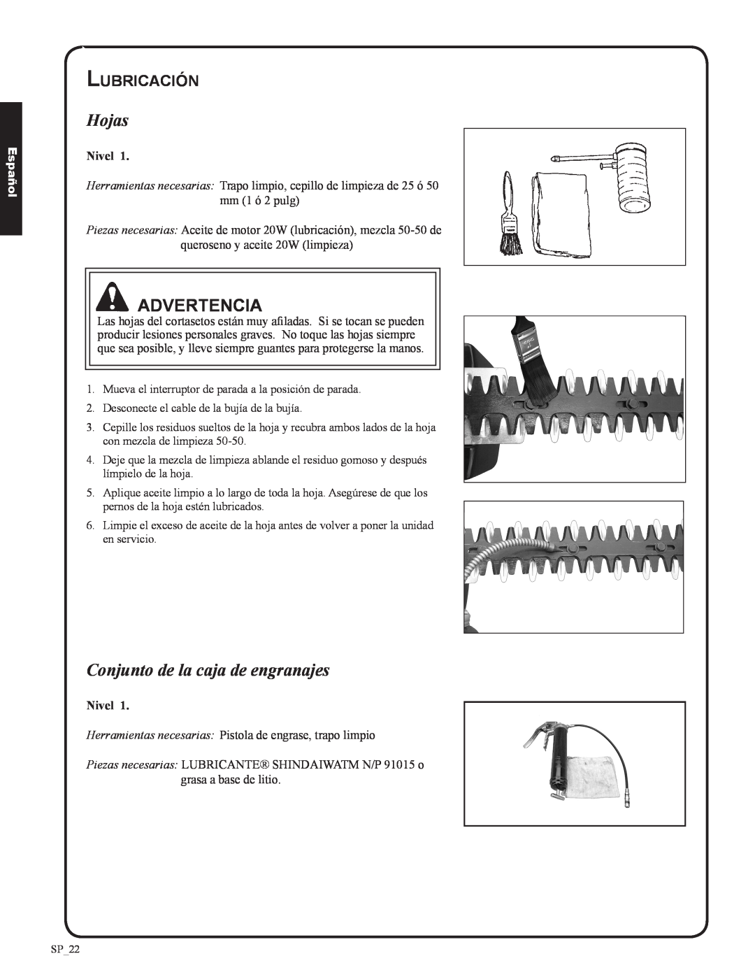 Shindaiwa DH212, 82053 manual Hojas, Conjunto de la caja de engranajes, Lubricación, Advertencia, Español 