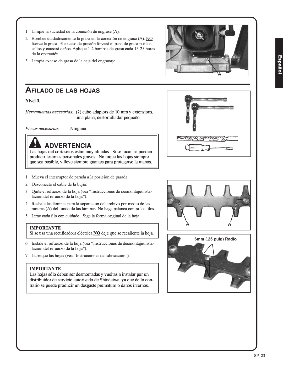 Shindaiwa 82053, DH212 manual Afilado de las hojas, Ninguna, Advertencia, Español, Piezas necesarias 