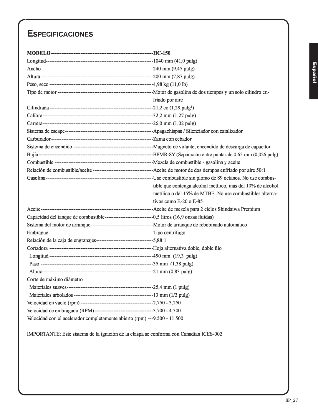 Shindaiwa 82053, DH212 manual Especificaciones, Modelo, HC-150, Español 