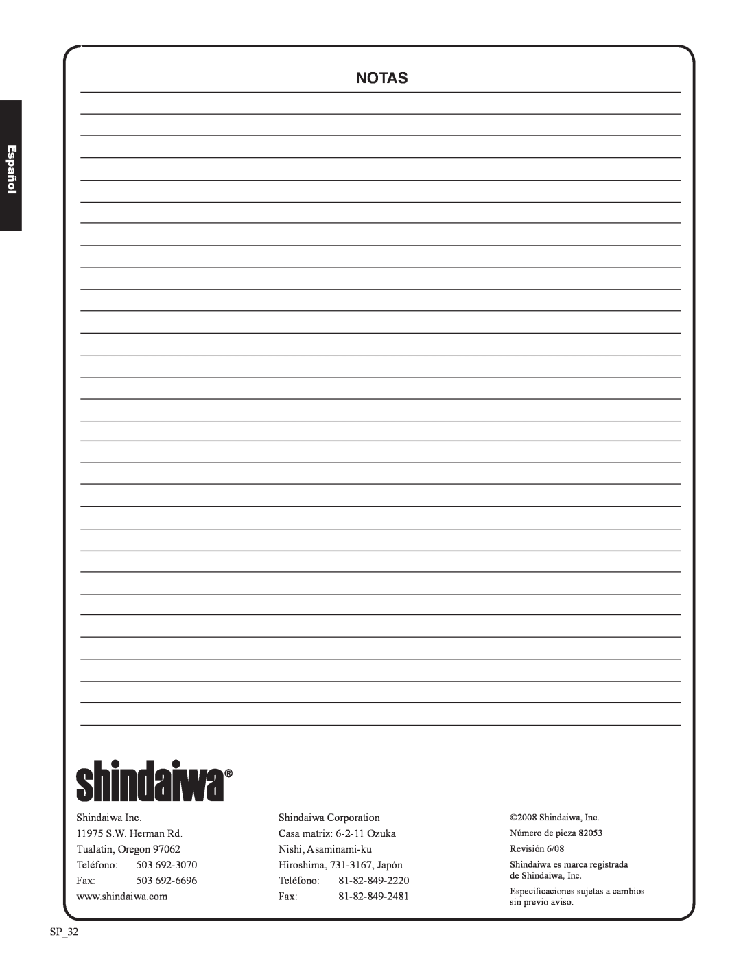 Shindaiwa DH212, 82053 manual notas, Español, Shindaiwa Inc 