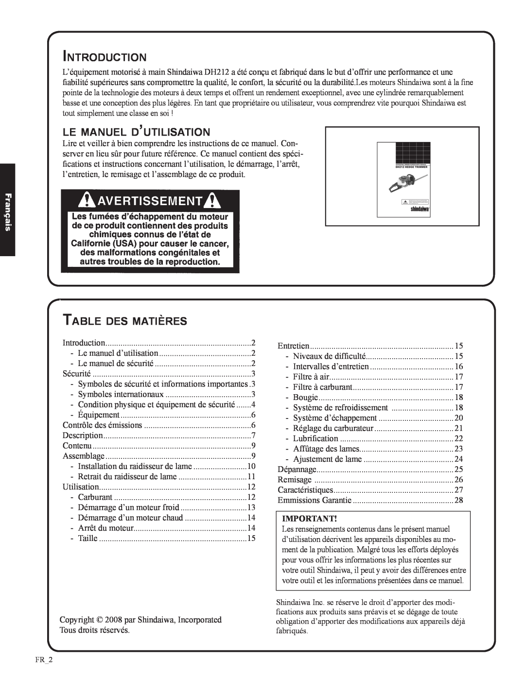 Shindaiwa DH212, 82053 manual le manuel d’utilisation, Table des matières, Français, Introduction 