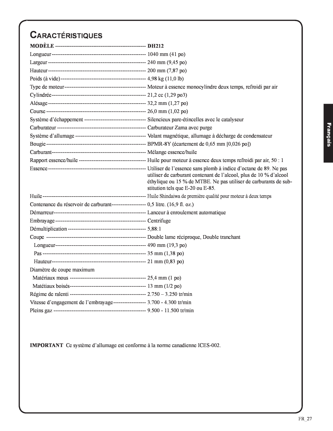 Shindaiwa 82053 manual Caractéristiques, Modèle, DH212, Français 